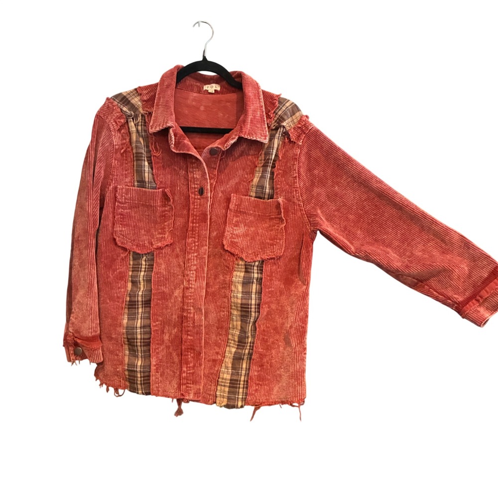 POL Corduroy Plaid Mixed Media Shacket Womens M Terracotta Distressed Grunge